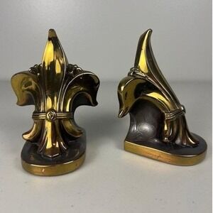 Vintage Philadelphia Mfg Co Fleur De Lis Bookends Gold Bronze Cast Metal Set 2
